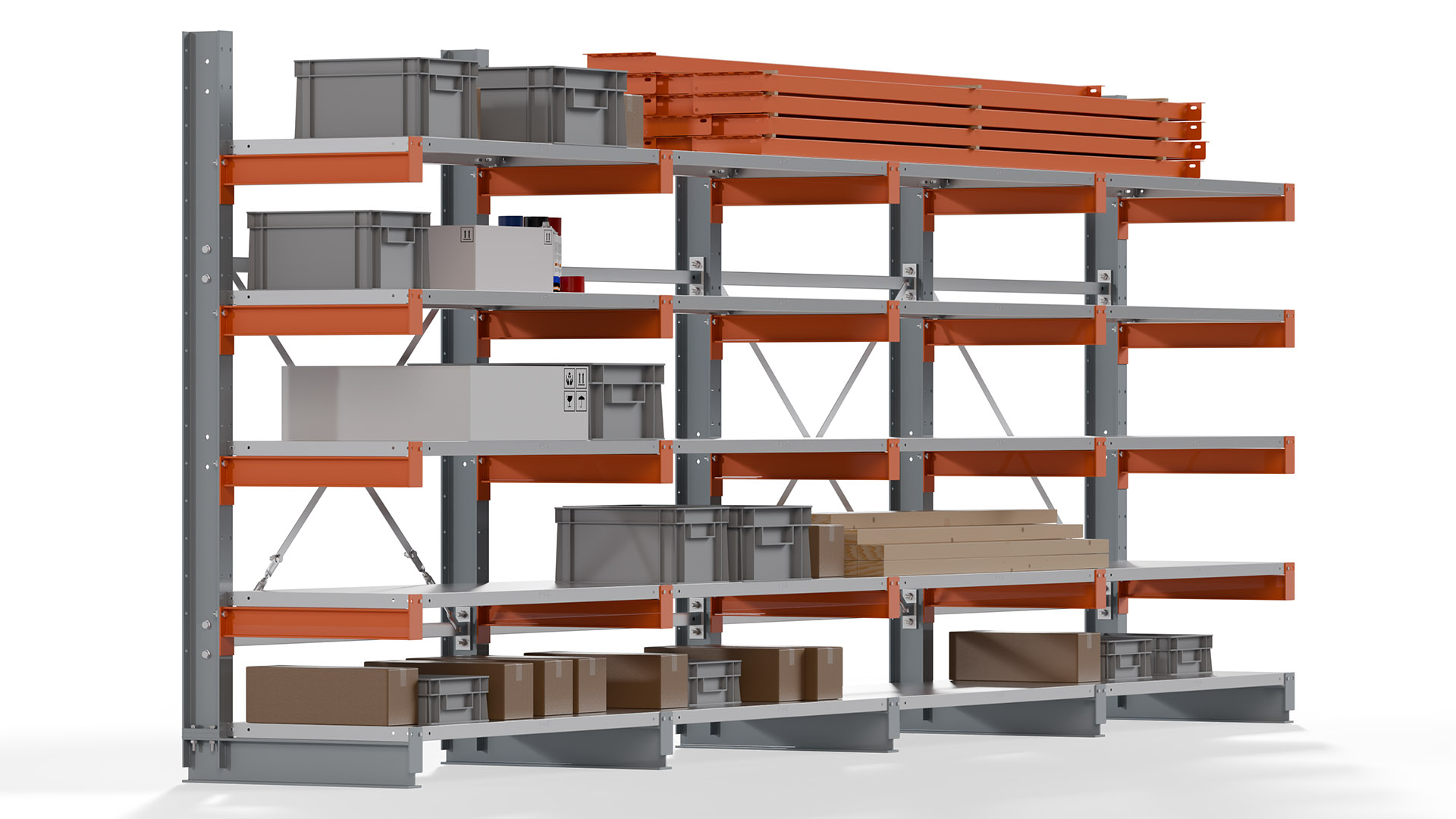 Kragarmregal KARL basic - lackiert - Breite: 512 cm - Höhe: 200 cm - Tiefe: 60 cm - Traglast je Kragarm: 730 kg - einseitig