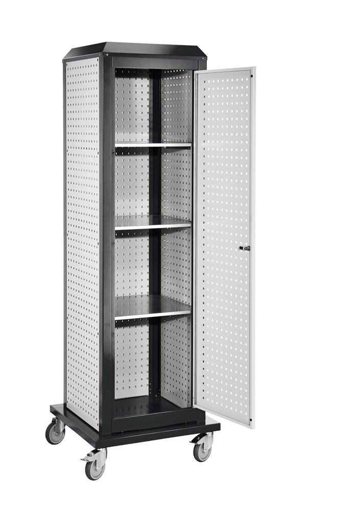Tool-Tower, BxTxH 700x700x2175 mm, mobil, 5 Lochplatten, 3 Boden, 1 Tür, RAL 7016/7035