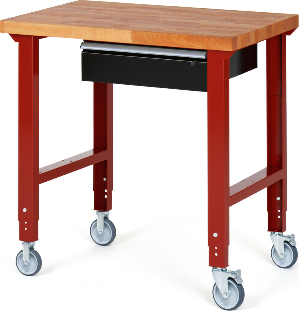 Fahrbare Werkbank Modell 7001 rot - schwarz, BxTxH 1000x700x950-1000 mm,  Buche-Massiv Arbeitsplatte 40 mm,  1 Schublade mit  Auszug 90 %