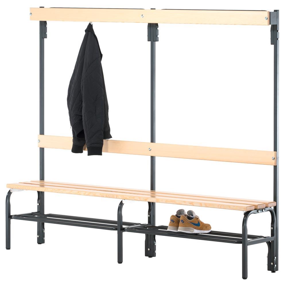 Einseitige Garderobenbank, Hakenleiste, mit Schuhrost, TxH 375x1650 mm, Länge 2000 mm, RAL 7016