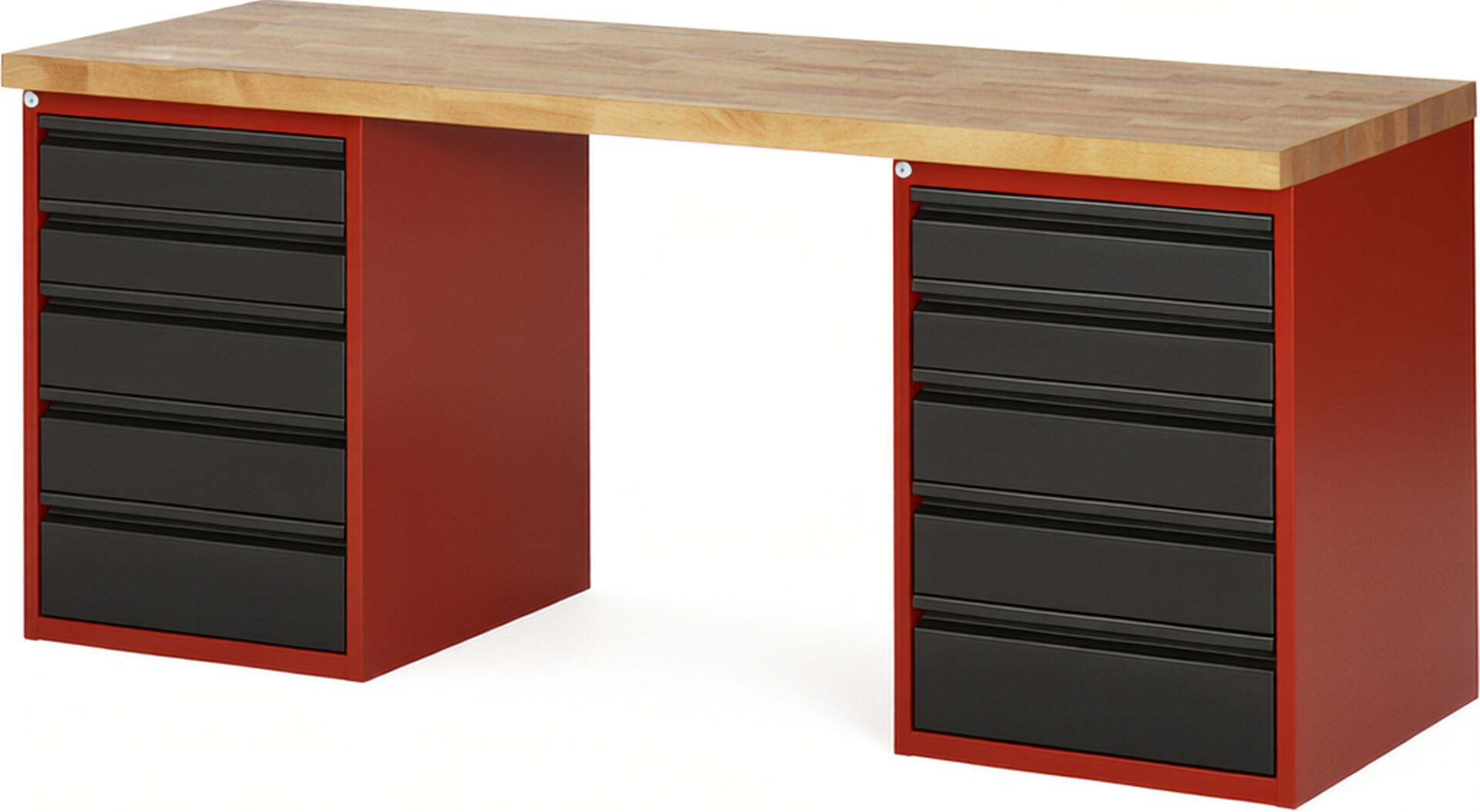 Werkbank - Modell 7513 BASIC rot - schwarz, BxTxH 2000x700x840 mm,  Buche-Massiv Arbeitsplatte 40 mm,  10 Schubladen mit  Auszug 90 %