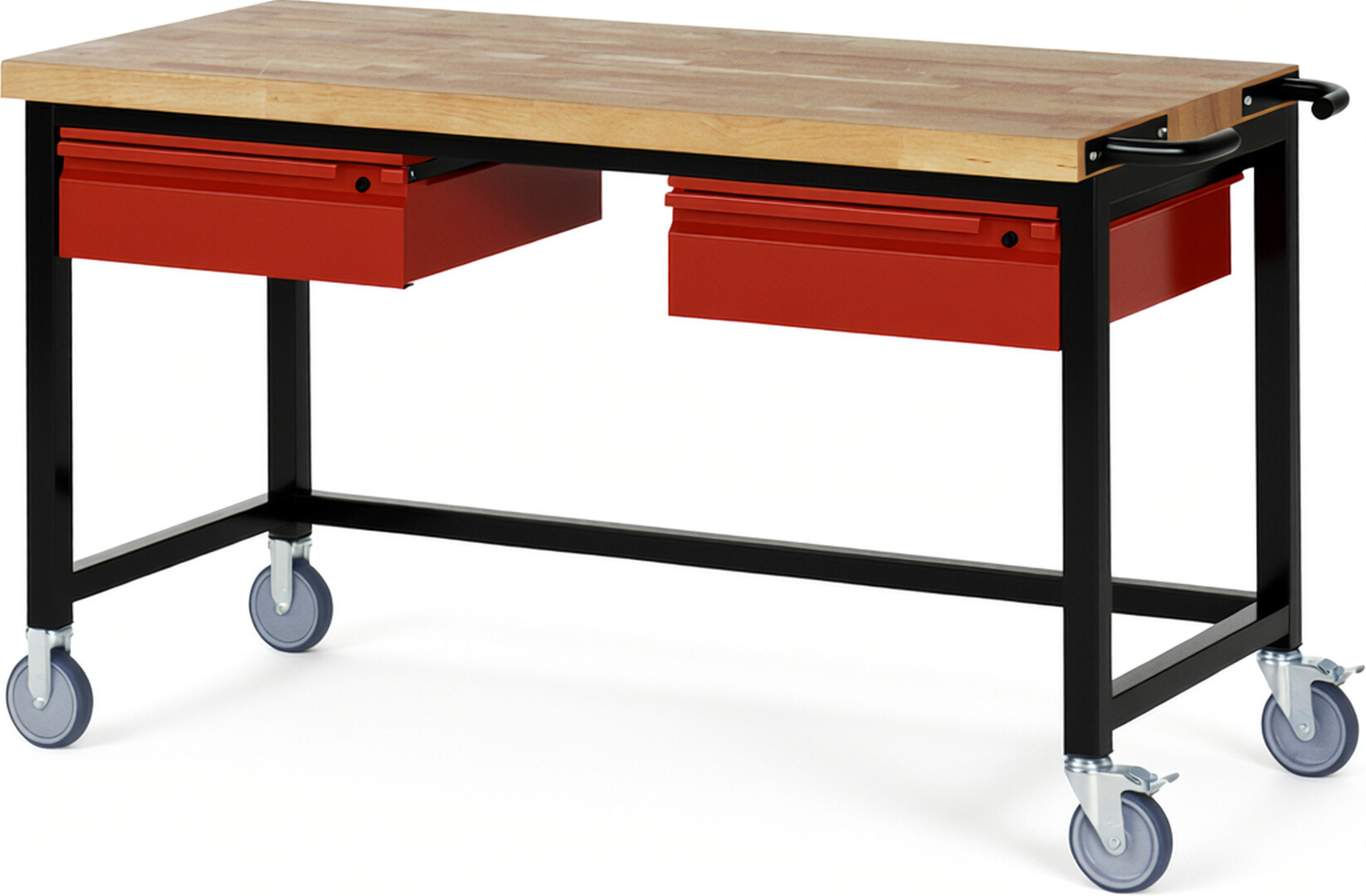 Fahrbare Werkbank - Modell 8002 BASIC schwarz-rot, BxTxH 1500x700x880 mm,  Buche-Massiv Arbeitsplatte 40 mm,  2 Schubladen mit  Auszug 90 %