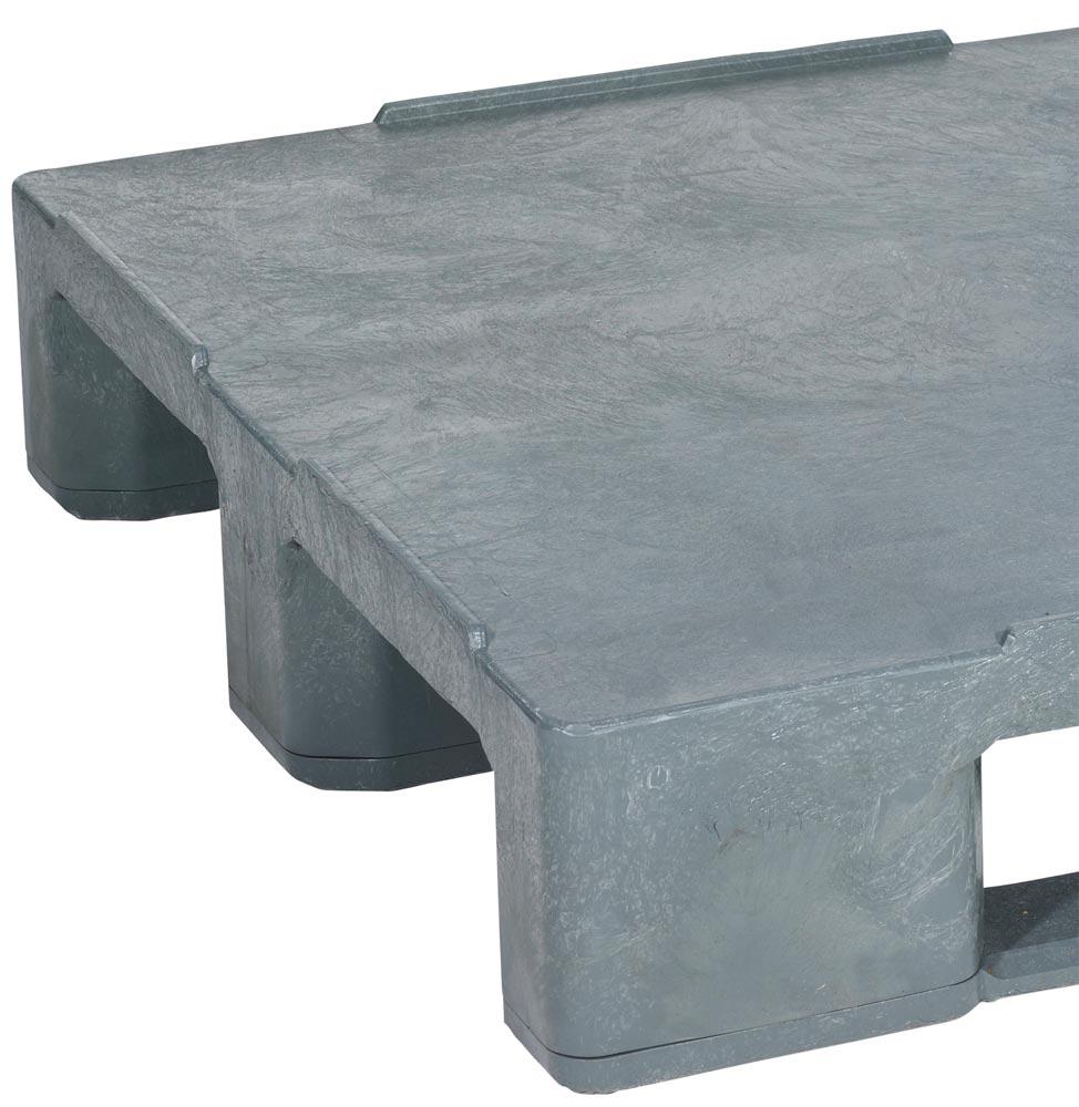 Kunststoffpalette, BxTxH 1200x800x155 mm, Traglast stat. 6000 kg/dyn. 2000 kg/Regal 500 kg, 3 Kufen, mit Rand, Farbe grau