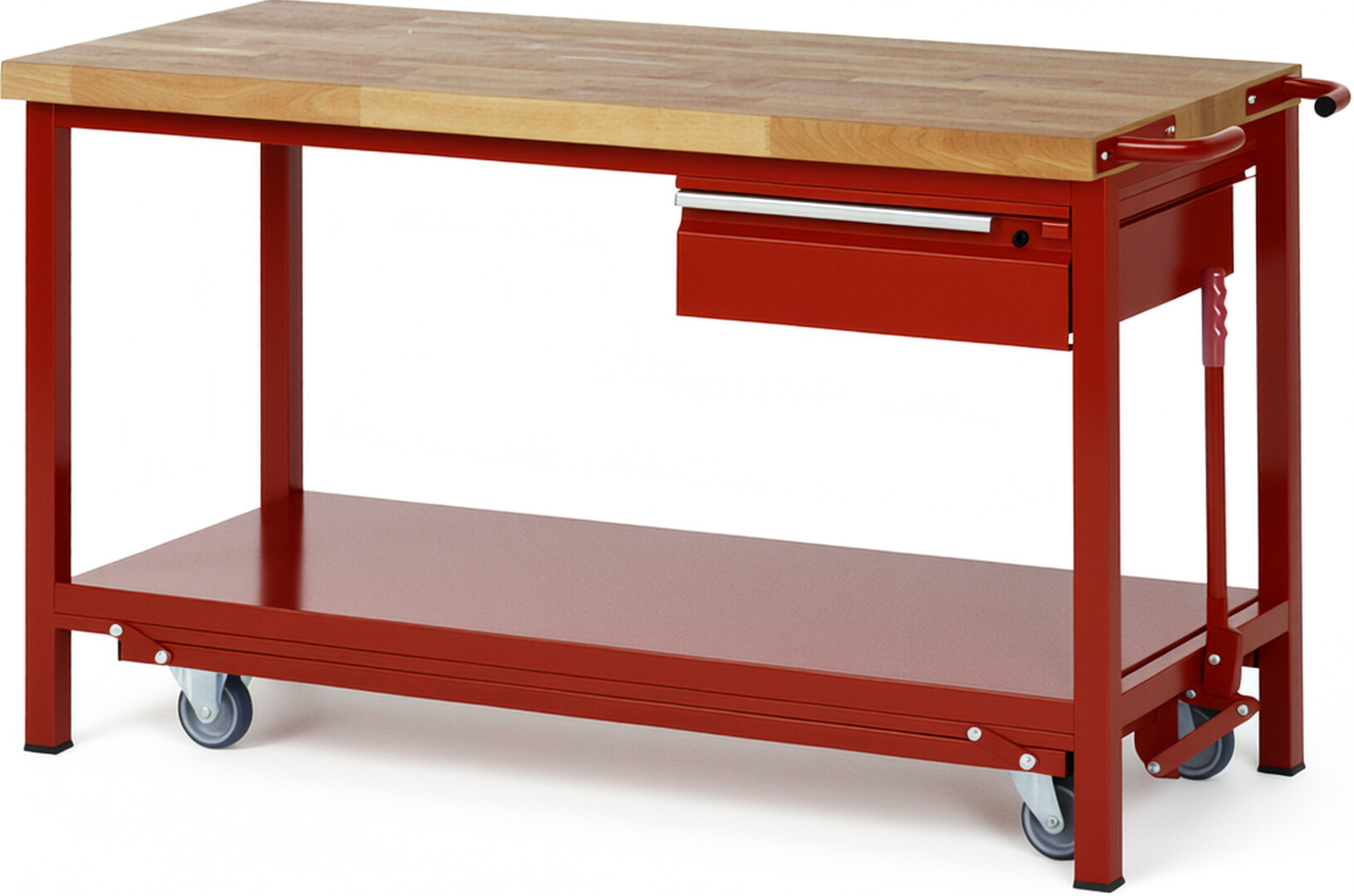Absenkbare Werkbank - Modell 8001 BASIC rot, BxTxH 1500x700x880 mm,  Buche-Massiv Arbeitsplatte 40 mm,  1 Schublade mit  Auszug 90 %
