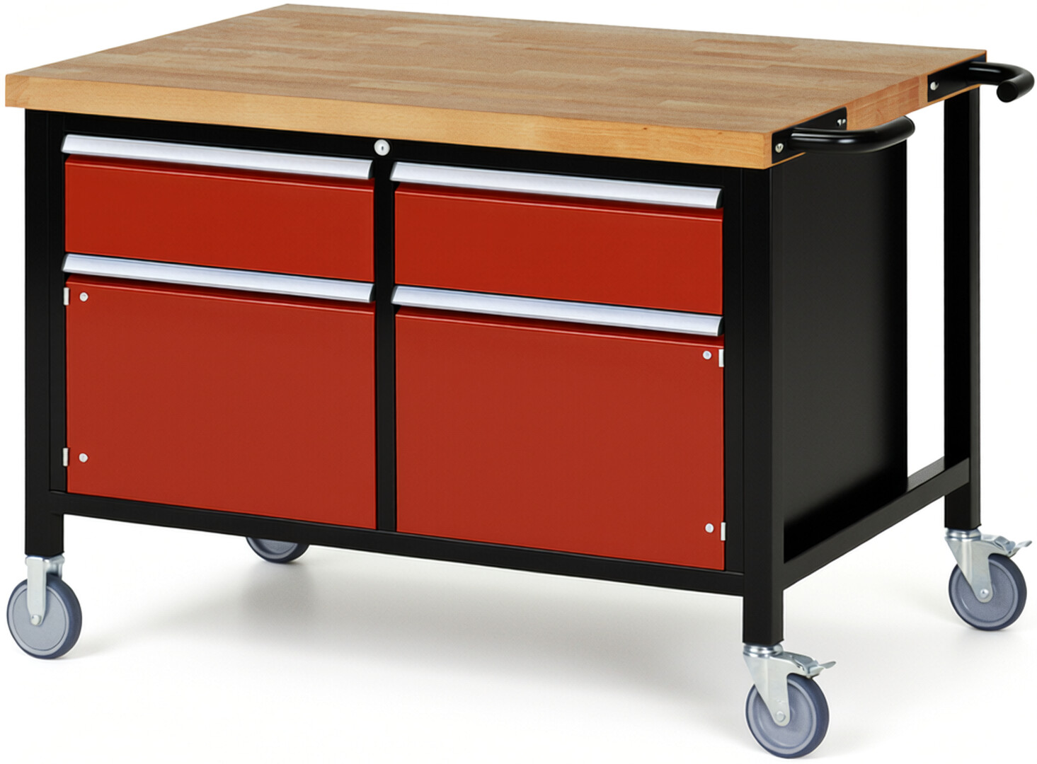 Fahrbare Werkbank Modell 8466 schwarz-rot, BxTxH 1250x900x880 mm,  Buche-Massiv Arbeitsplatte 40 mm,  2 Schubladen mit  Vollauszug 100 % und  SoftClosing