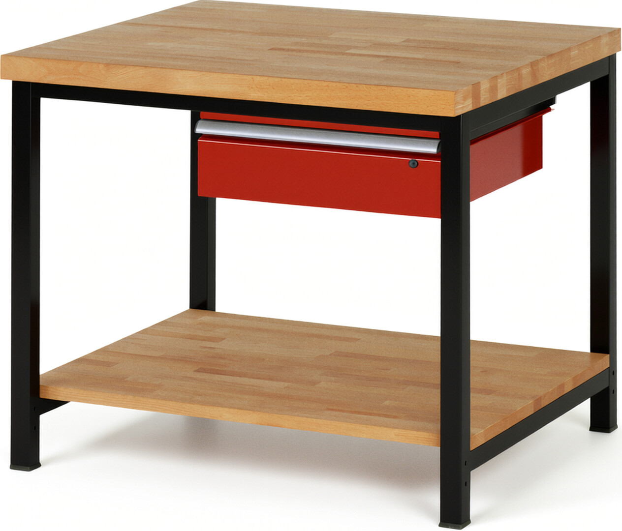 RAU Werkbank schwarz - rot - Breite 100 cm - Tiefe 90 cm - Höhe 104 cm - Buche-Massiv Arbeitsplatte 40 mm