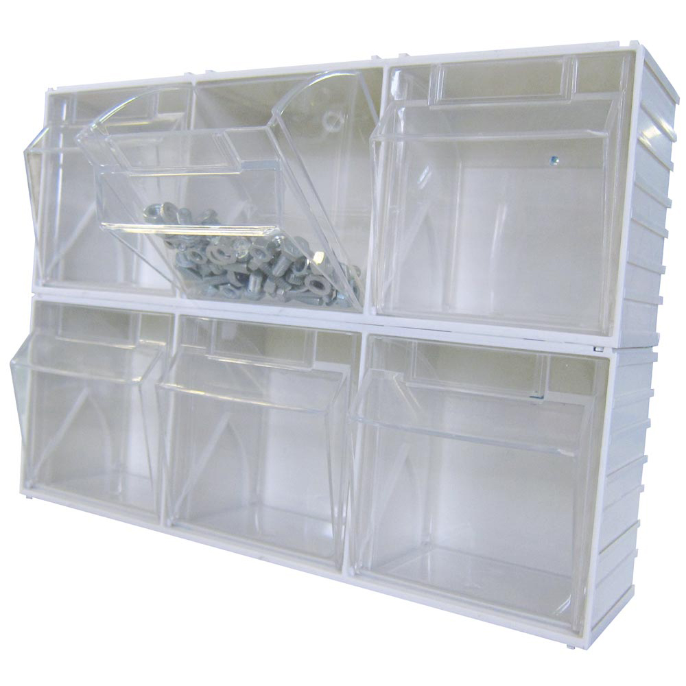 Regalkästen, Klarsichtkästen im steckbarem Gehäuse, 3 Klarsichtkästen Größe 6, BxTxH 304x75x113 mm, Farbe beige, VE 2 Stück