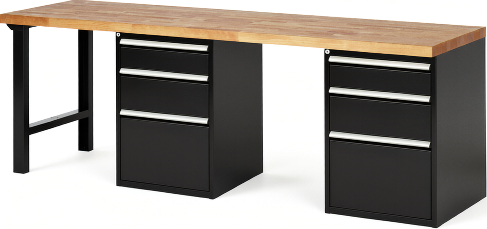 Werkbank Modell 7508 schwarz, BxTxH 2500x700x840 mm,  Buche-Massiv Arbeitsplatte 40 mm,  6 Schubladen mit  Vollauszug 100 % und  SoftClosing