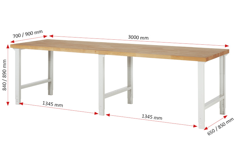 Werkbank Modell 7000 schwarz, BxTxH 3000x700x840 mm,  Buche-Massiv Arbeitsplatte 40 mm