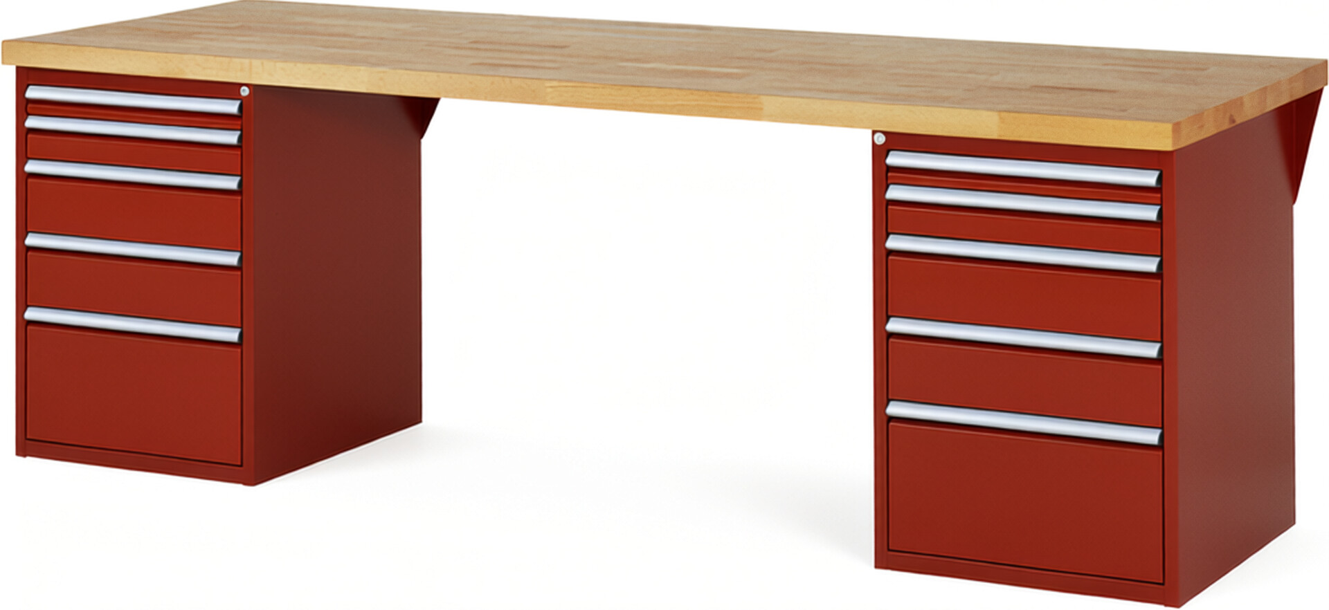 RAU Werkbank rot - Breite 250 cm - Tiefe 90 cm - Höhe 84 cm - Buche-Massiv Arbeitsplatte 40 mm