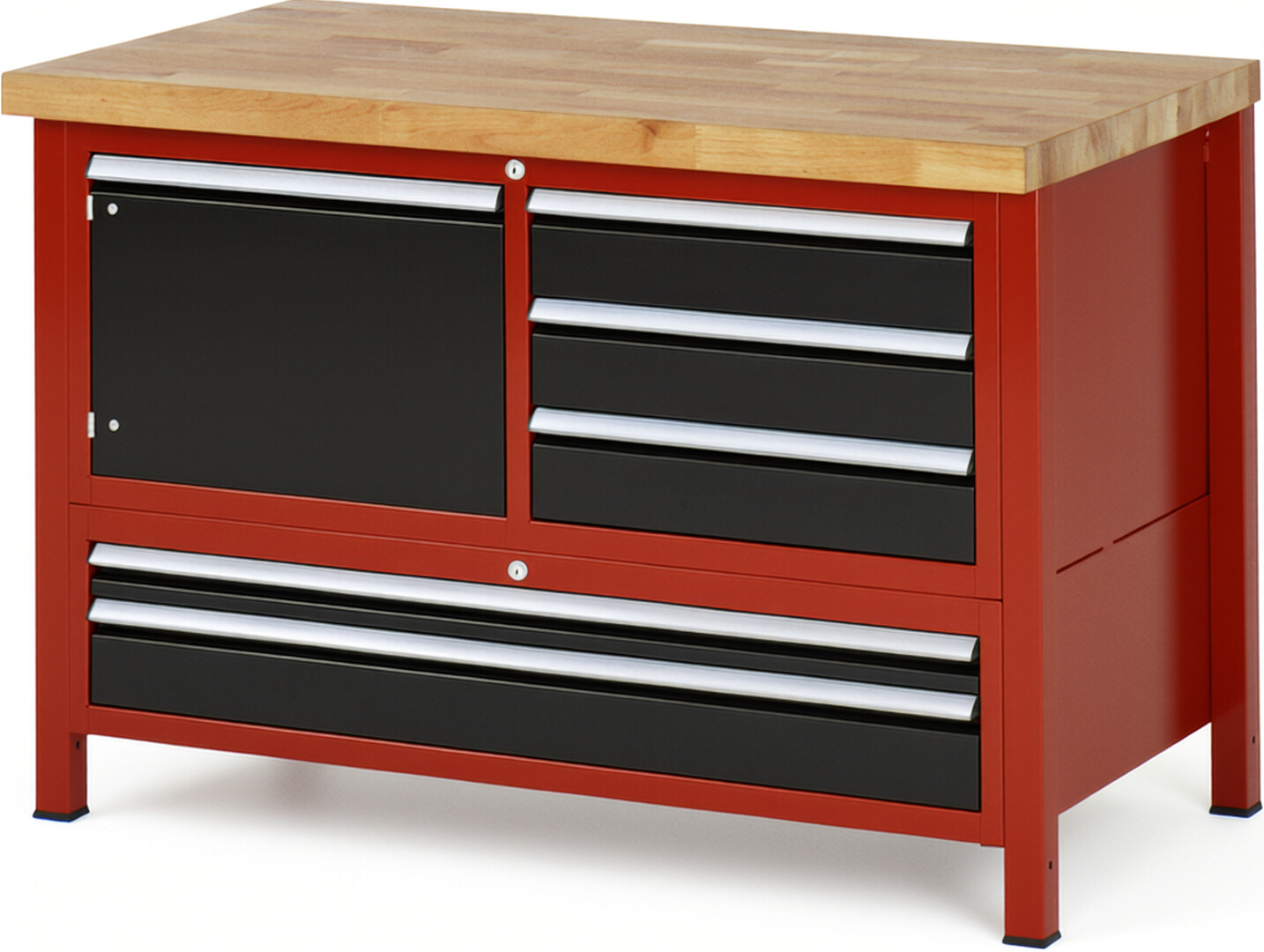 Werkbank Modell 8932 rot - schwarz, BxTxH 1250x700x840 mm,  Buche-Massiv Arbeitsplatte 40 mm,  5 Schubladen mit  Vollauszug 100 % und  SoftClosing
