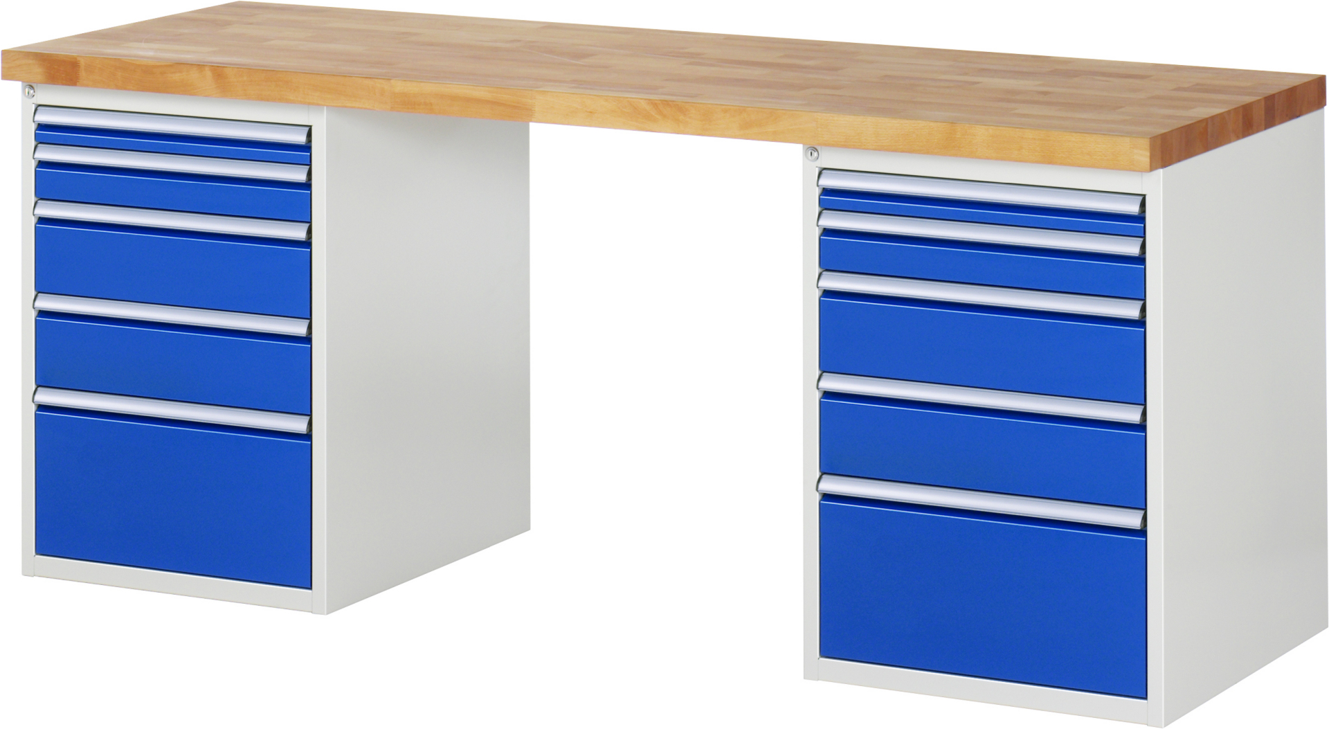 Werkbank Modell 7511 rot, BxTxH 2000x700x890 mm,  Buche-Massiv Arbeitsplatte 40 mm,  10 Schubladen mit  Auszug 90 %