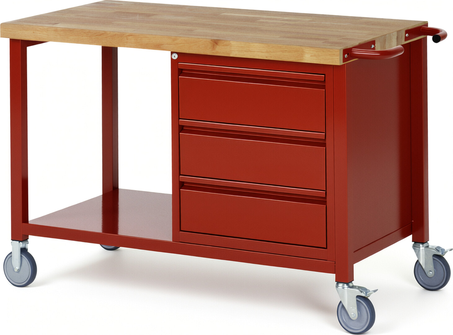 Fahrbare Werkbank - Modell 8157 BASIC rot, BxTxH 1250x700x880 mm,  Buche-Massiv Arbeitsplatte 40 mm,  3 Schubladen mit  Auszug 90 %