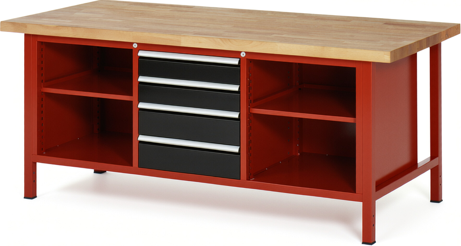Werkbank Modell 8566 rot - schwarz, BxTxH 2000x900x840 mm,  Buche-Massiv Arbeitsplatte 40 mm,  4 Schubladen mit  Vollauszug 100 % und  SoftClosing