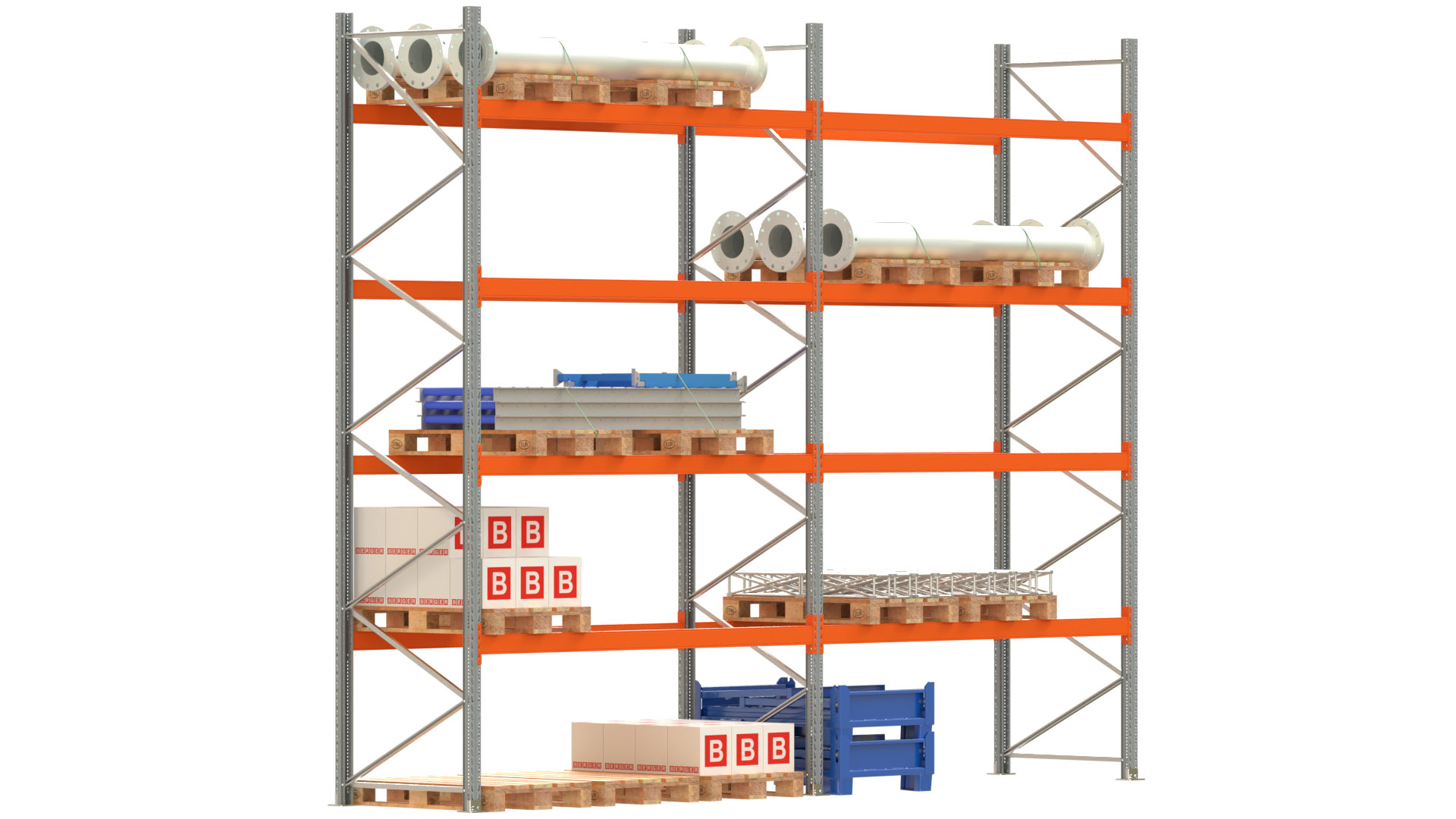 Palettenregal ARTUS - Breite 565,5 cm - Höhe 450 cm - Tiefe 110 cm - 4 Träger-Ebenen - Fachlast 2325 kg - 30 Palettenstellplätze