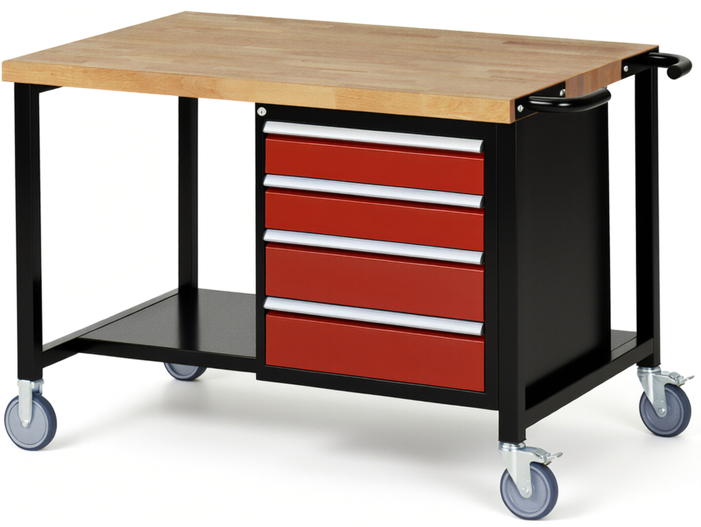 Fahrbare Werkbank Modell 8162 schwarz-rot, BxTxH 1250x900x880 mm,  Buche-Massiv Arbeitsplatte 40 mm,  4 Schubladen mit  Vollauszug 100 % und  SoftClosing