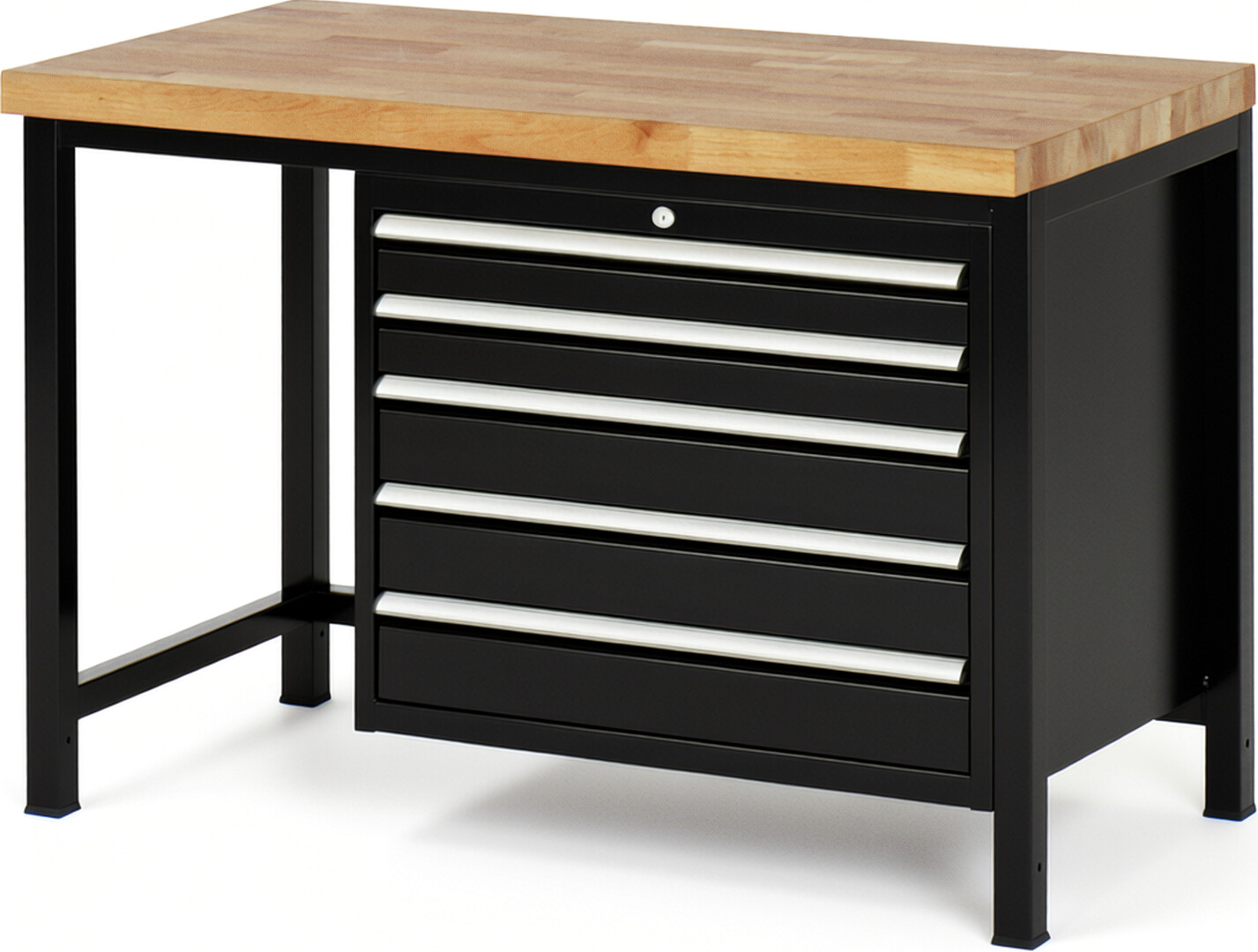 Werkbank Modell 8271 schwarz, BxTxH 1250x700x840-1040 mm,  Buche-Massiv Arbeitsplatte 40 mm,  5 Schubladen mit  Vollauszug 100 % und  SoftClosing