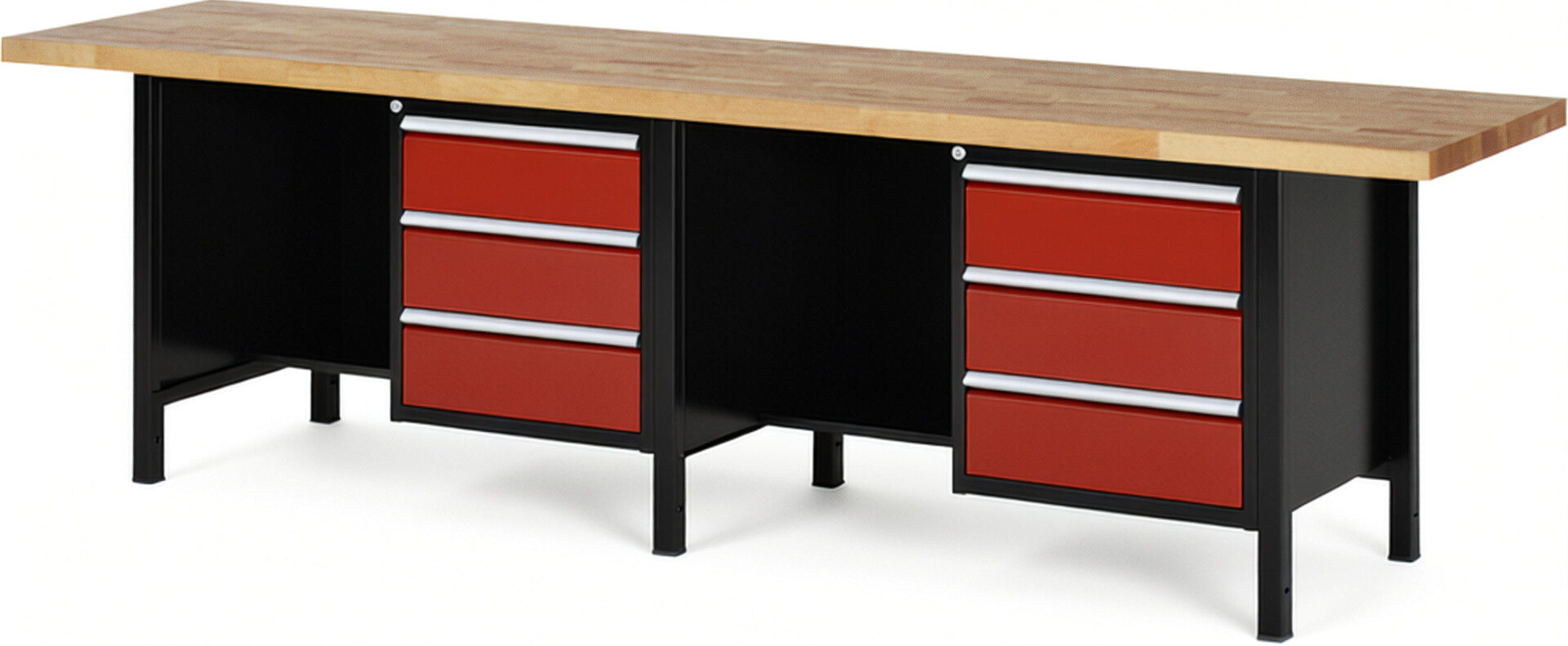 RAU Werkbank schwarz - rot - Breite 300 cm - Tiefe 70 cm - Höhe 104 cm - Buche-Massiv Arbeitsplatte 40 mm