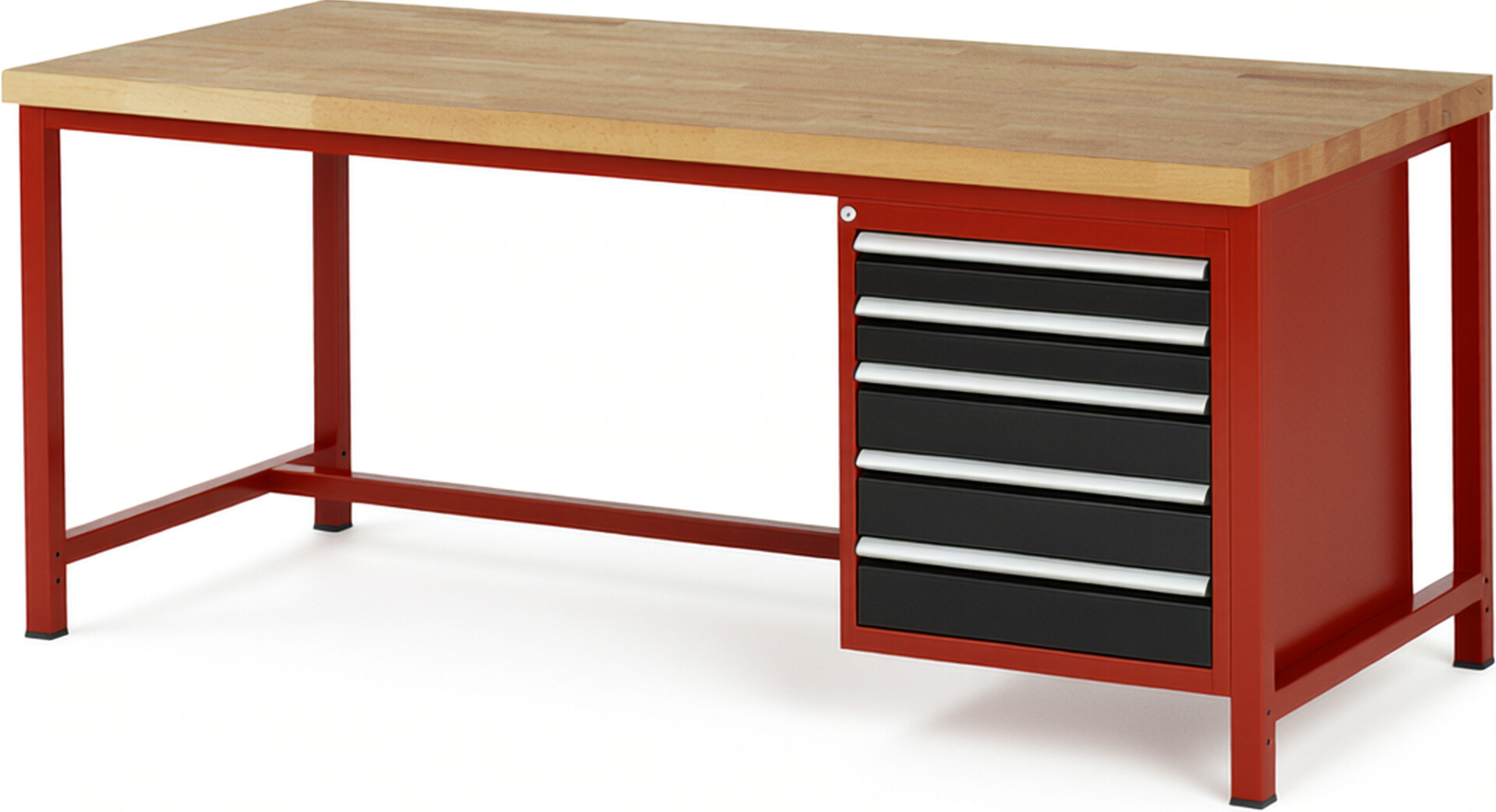Werkbank Modell 8171 rot - schwarz, BxTxH 2000x900x840-1040 mm,  Buche-Massiv Arbeitsplatte 40 mm,  5 Schubladen mit  Auszug 90 %