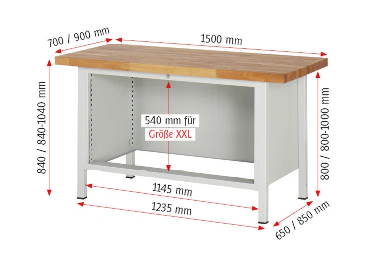 Werkbank Modell 8356 schwarz, BxTxH 1500x700x840 mm,  Buche-Massiv Arbeitsplatte 40 mm,  2 Schubladen mit  Vollauszug 100 % und  SoftClosing