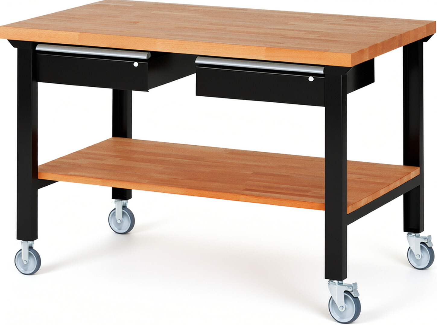 RAU Werkbank schwarz - Breite 150 cm - Tiefe 90 cm - Höhe 100 cm - Buche-Massiv Arbeitsplatte 40 mm