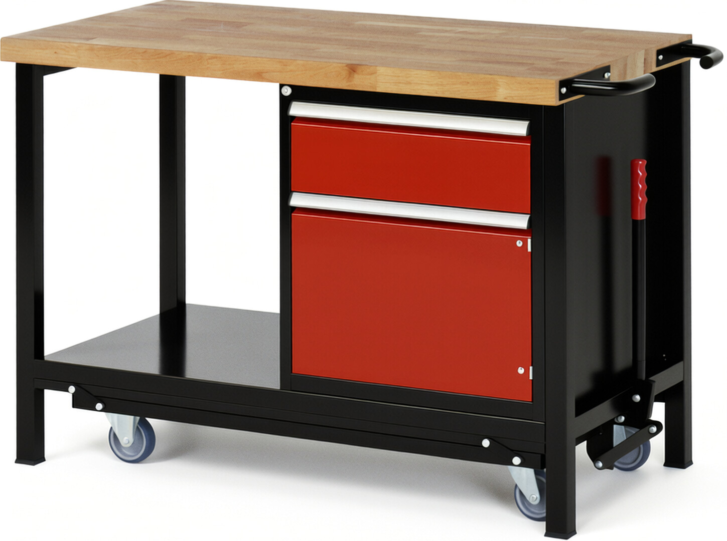 RAU Werkbank schwarz - rot - Breite 125 cm - Tiefe 70 cm - Höhe 88 cm - Buche-Massiv Arbeitsplatte 40 mm