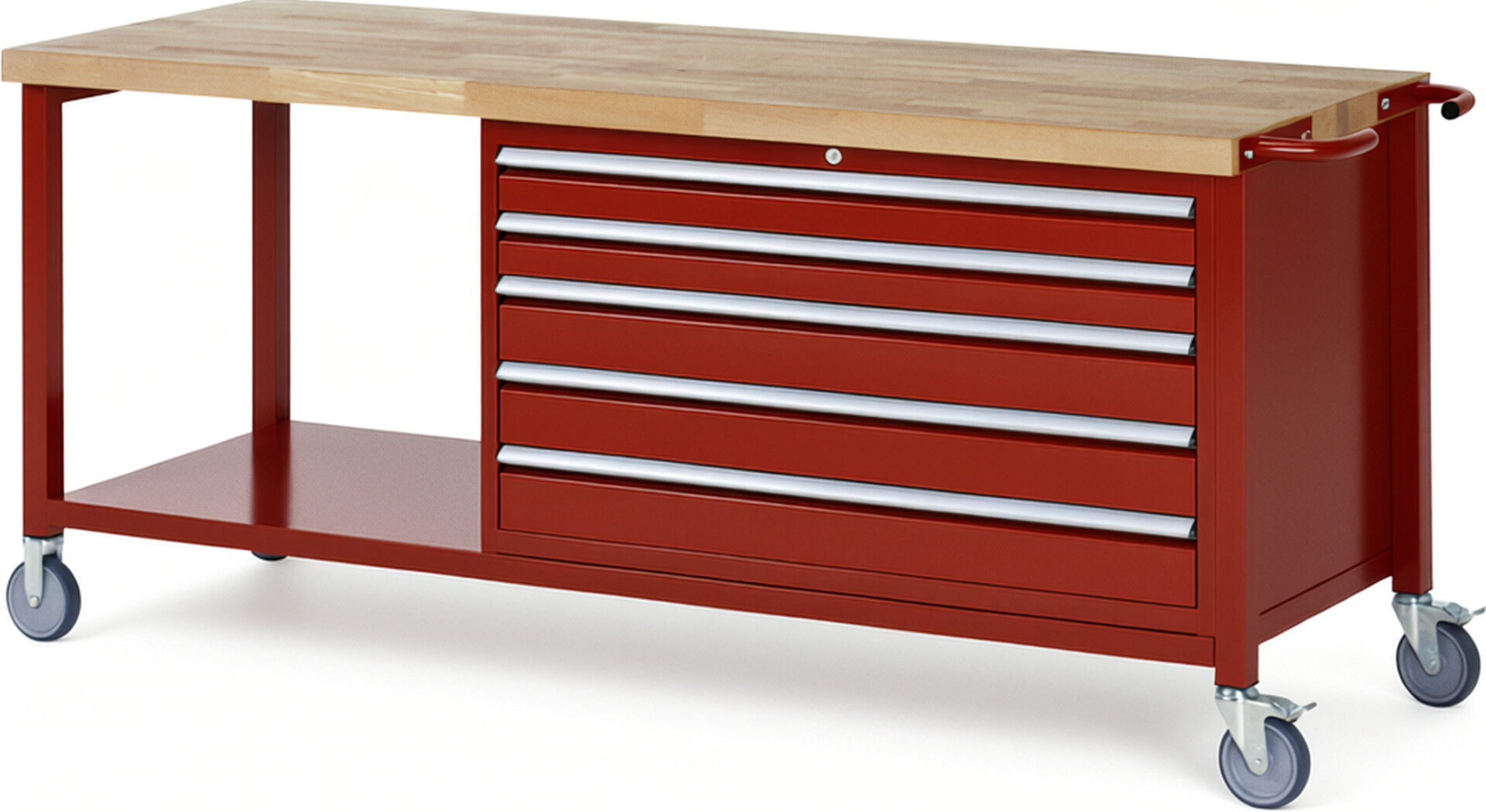 Fahrbare Werkbank Modell 8371 rot, BxTxH 2000x700x880-1080 mm,  Buche-Massiv Arbeitsplatte 40 mm,  5 Schubladen mit  Vollauszug 100 % und  SoftClosing