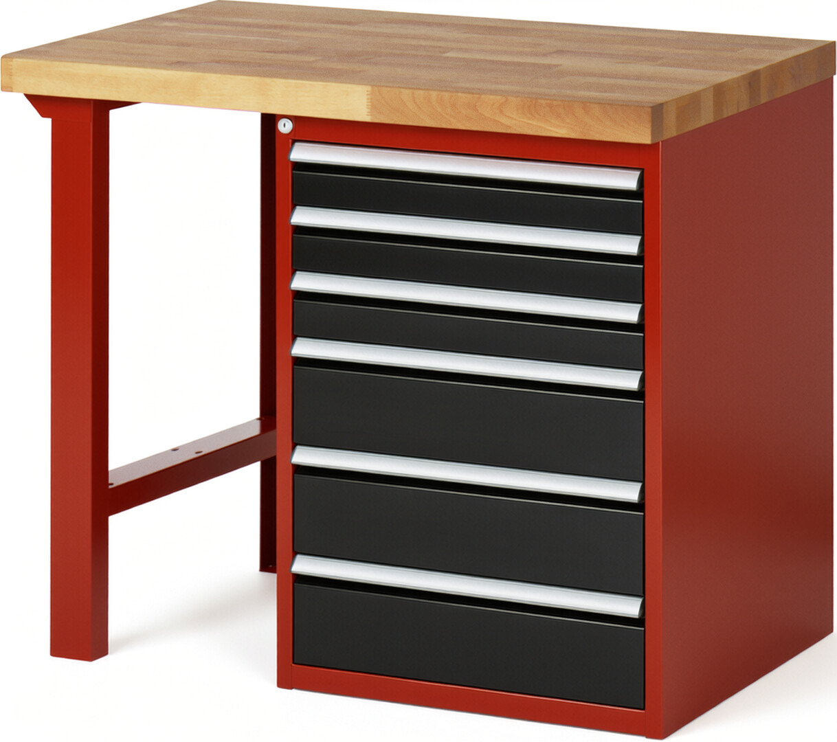 Werkbank Modell 7515 rot - schwarz, BxTxH 1000x700x840 mm,  Buche-Massiv Arbeitsplatte 40 mm,  6 Schubladen mit  Vollauszug 100 % und  SoftClosing