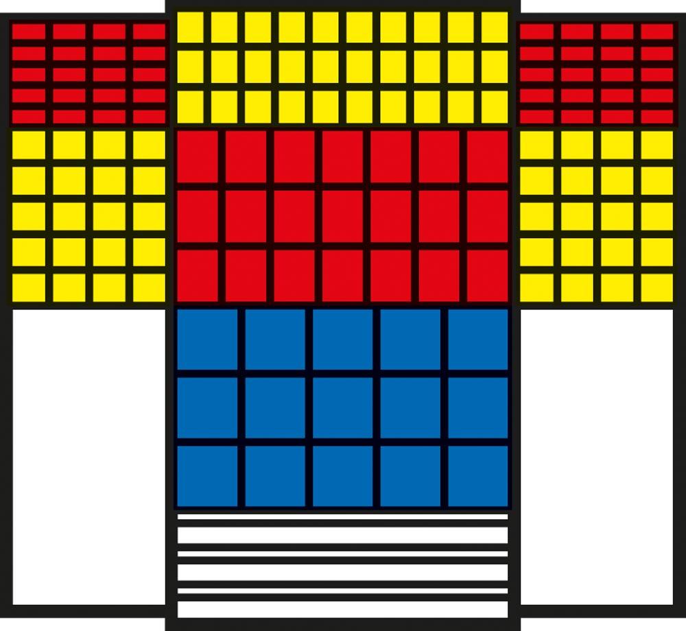 Großraumschrank, BxTxH 1100x530x1950 mm, 3 Schubladen, Kästen: 40xGr. 6 rot, -  70xGr. 5 gelb, -  21xGr. 4 rot, - 15xGr. 3z blau, - RAL 6011 resedagrün
