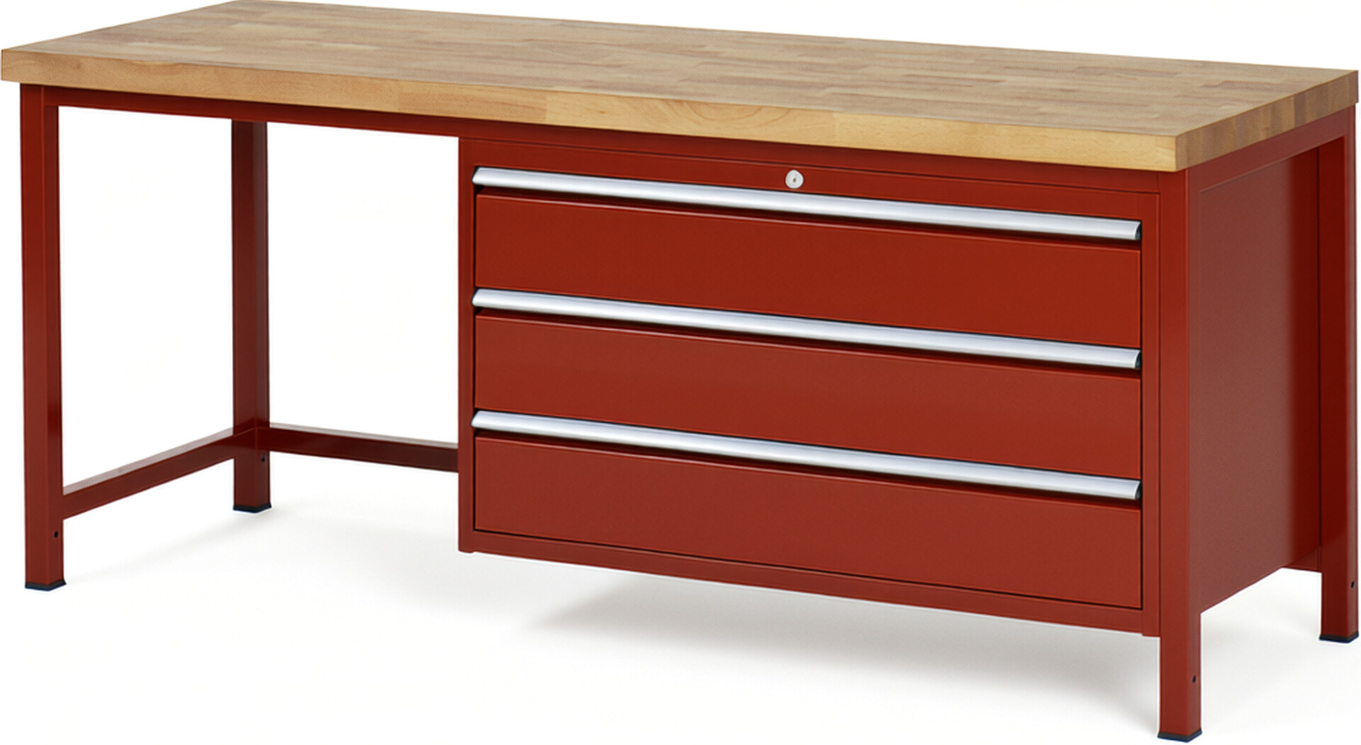 Werkbank Modell 8357 rot, BxTxH 2000x700x840-1040 mm,  Buche-Massiv Arbeitsplatte 40 mm,  3 Schubladen mit  Vollauszug 100 % und  SoftClosing
