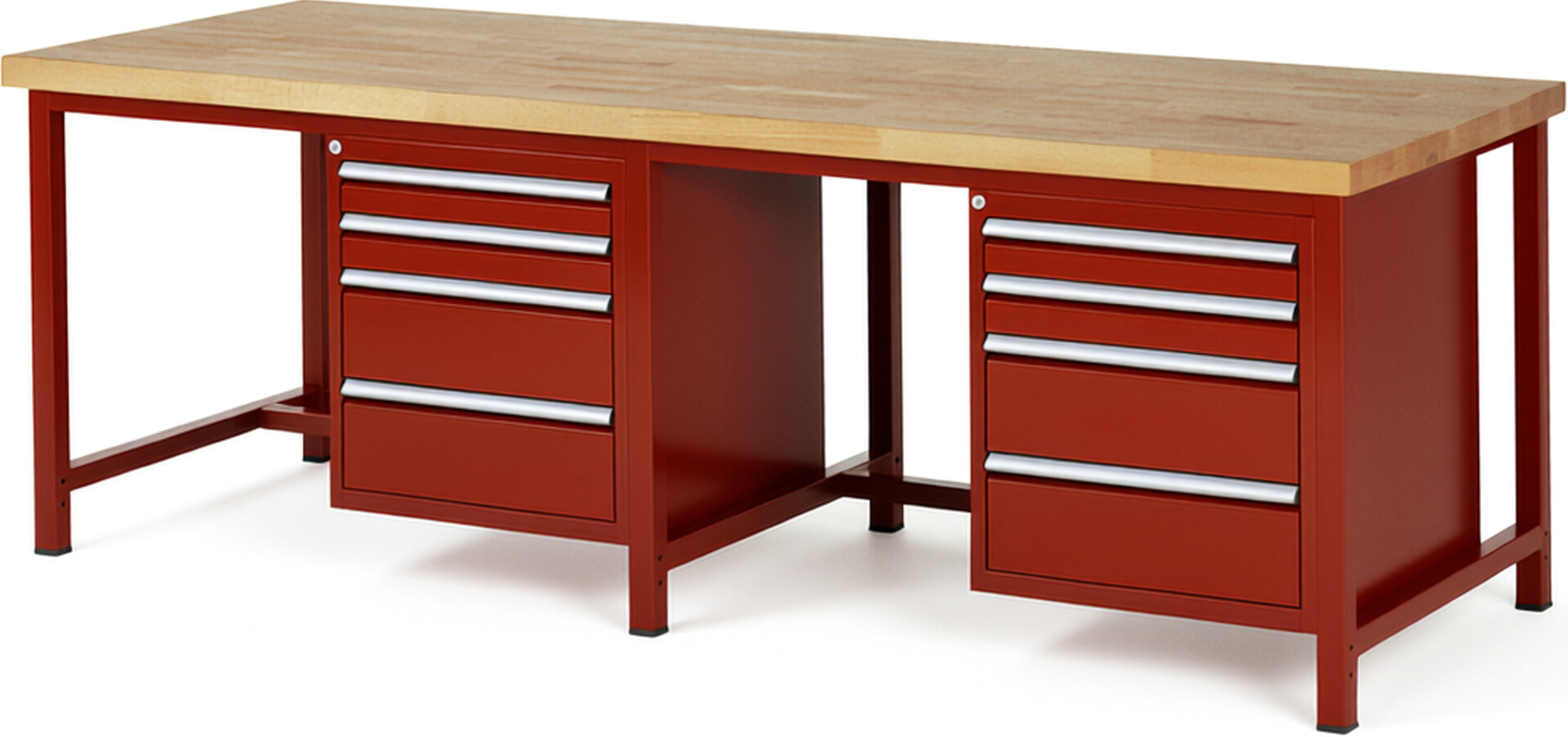 Werkbank Modell 8161 rot, BxTxH 2500x900x840 mm,  Buche-Massiv Arbeitsplatte 40 mm,  8 Schubladen mit  Auszug 90 %