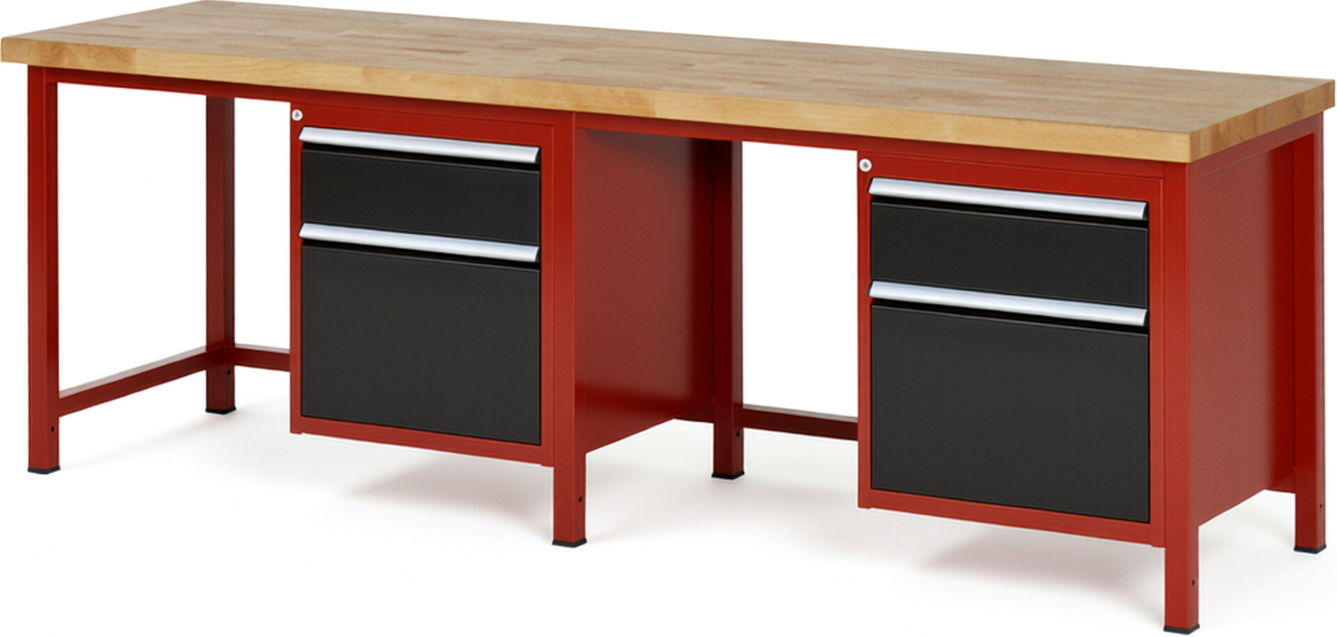 Werkbank Modell 8156 rot - schwarz, BxTxH 2500x700x840-1040 mm,  Buche-Massiv Arbeitsplatte 40 mm,  4 Schubladen mit  Auszug 90 %