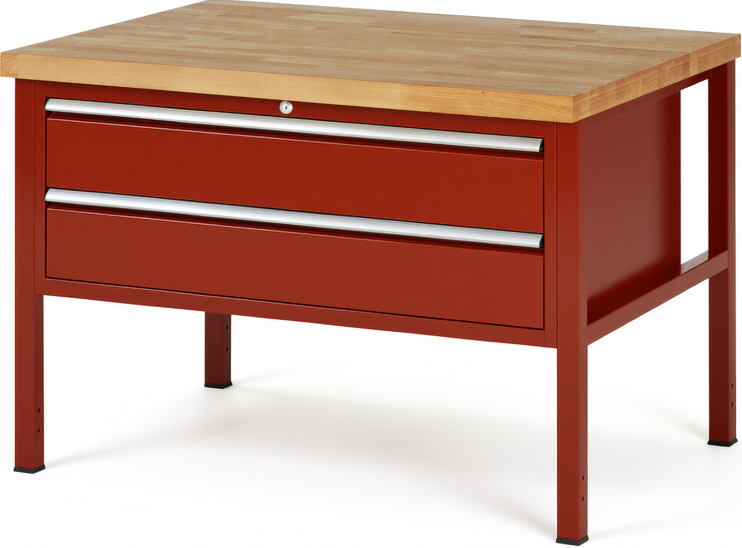Werkbank Modell 8325 rot, BxTxH 1250x900x840-1040 mm,  Buche-Massiv Arbeitsplatte 40 mm,  2 Schubladen mit  Vollauszug 100 % und  SoftClosing