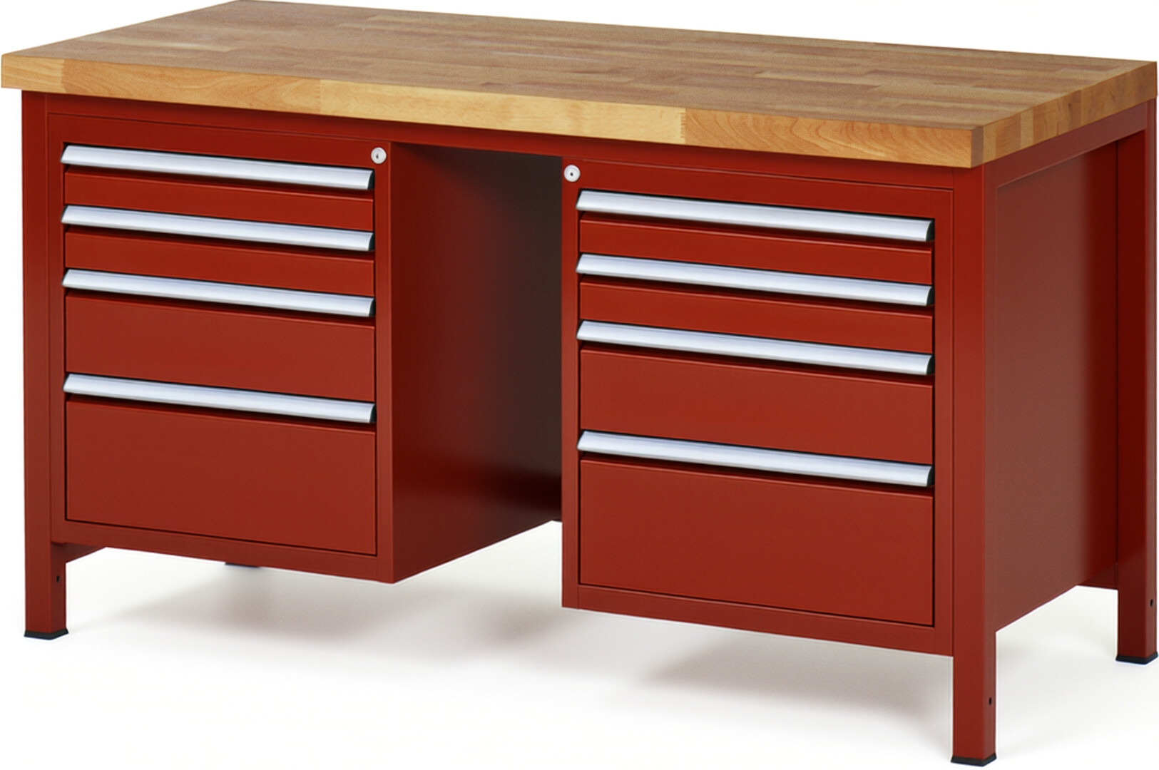 Werkbank Modell 8182 rot, BxTxH 1500x700x840 mm,  Buche-Massiv Arbeitsplatte 40 mm,  8 Schubladen mit  Auszug 90 %