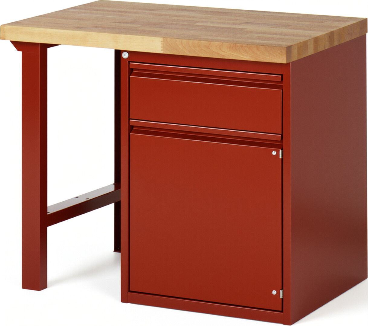 Werkbank rot, BxTxH 1000xT700xH890 mm, Platte Buche 40 mm 40 mm, 1 Schublade 180 mm, 1 Tür 540 mm, 1 Fachboden, RAL 3000/3000