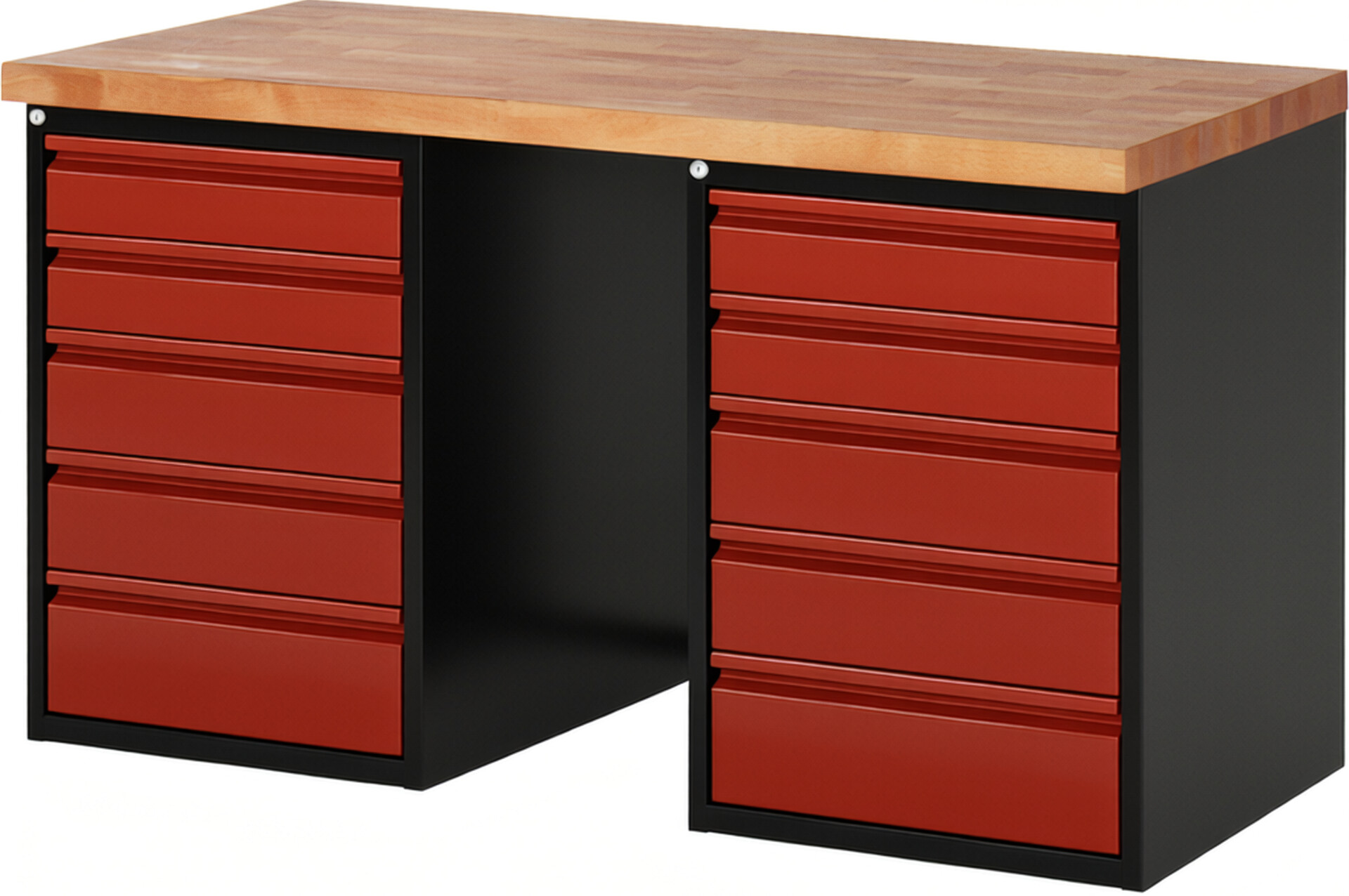 Werkbank - Modell 7513 BASIC schwarz-rot, BxTxH 1500x700x890 mm,  Buche-Massiv Arbeitsplatte 40 mm,  10 Schubladen mit  Auszug 90 %