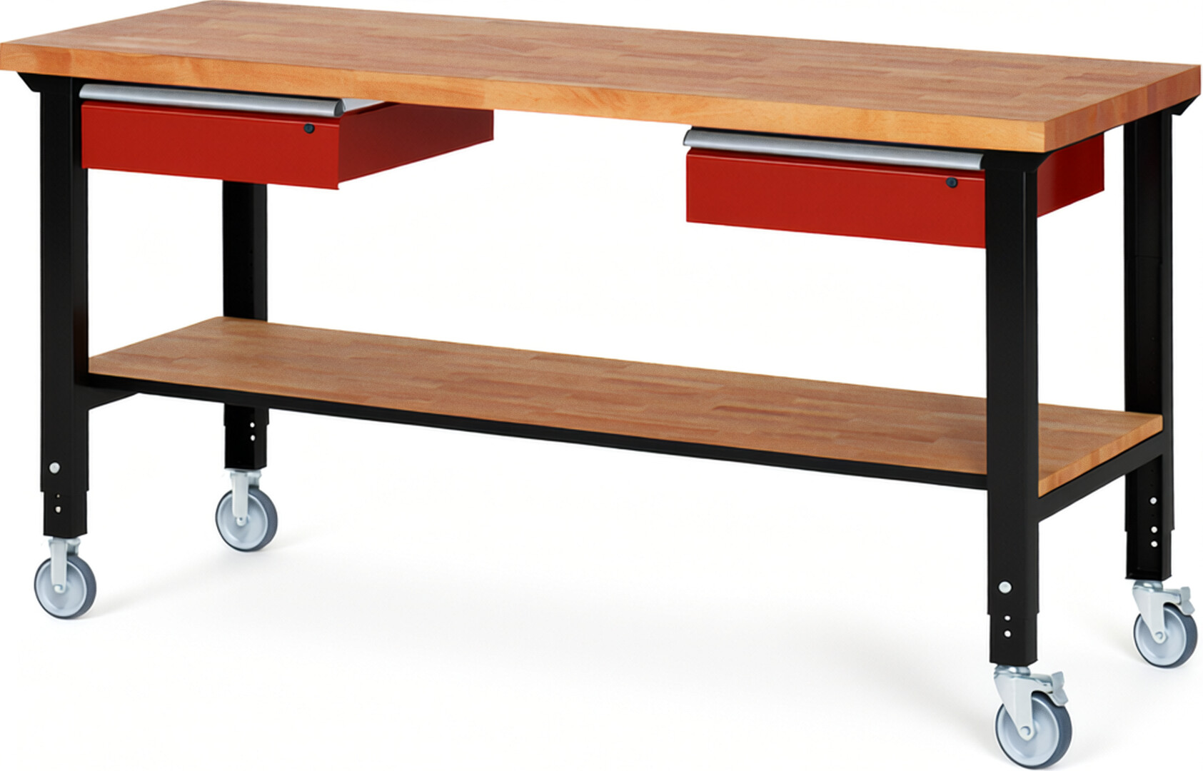 Fahrbare Werkbank Modell 7002 schwarz-rot, BxTxH 2000x700x950-1000 mm,  Buche-Massiv Arbeitsplatte 40 mm,  2 Schubladen mit  Auszug 90 %