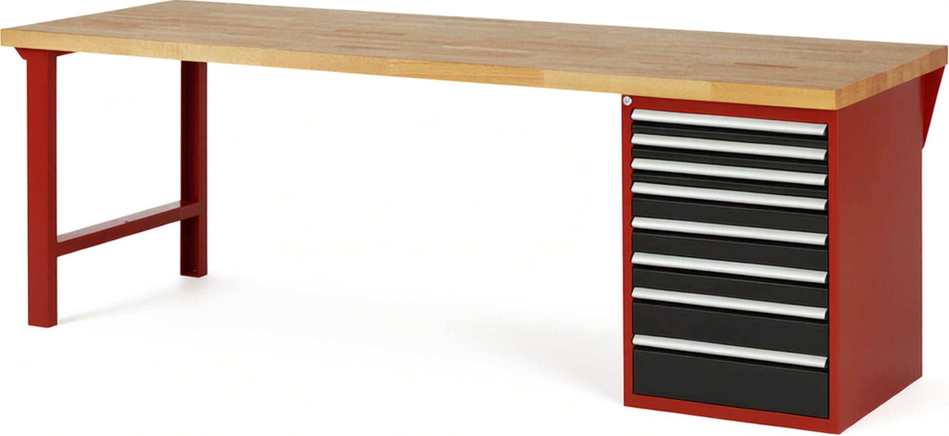 Werkbank Modell 7519 rot - schwarz, BxTxH 2500x900x890 mm,  Buche-Massiv Arbeitsplatte 40 mm,  8 Schubladen mit  Vollauszug 100 % und  SoftClosing