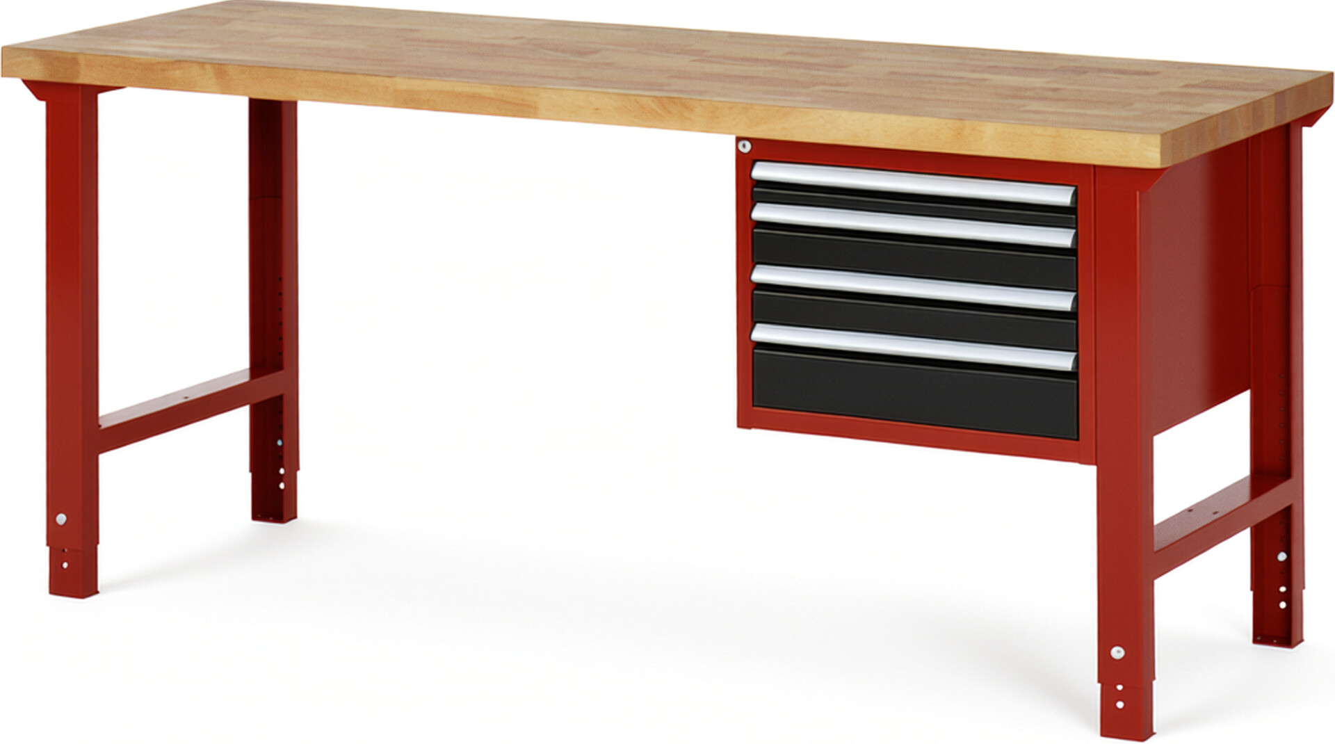 Werkbank Modell 7132 rot - schwarz, BxTxH 2000x700x790-1140 mm,  Buche-Massiv Arbeitsplatte 40 mm,  4 Schubladen mit  Auszug 90 %