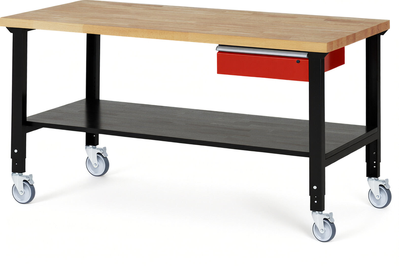 Fahrbare Werkbank Modell 7001 schwarz-rot, BxTxH 2000x900x950-1000 mm,  Buche-Massiv Arbeitsplatte 40 mm,  1 Schublade mit  Auszug 90 %
