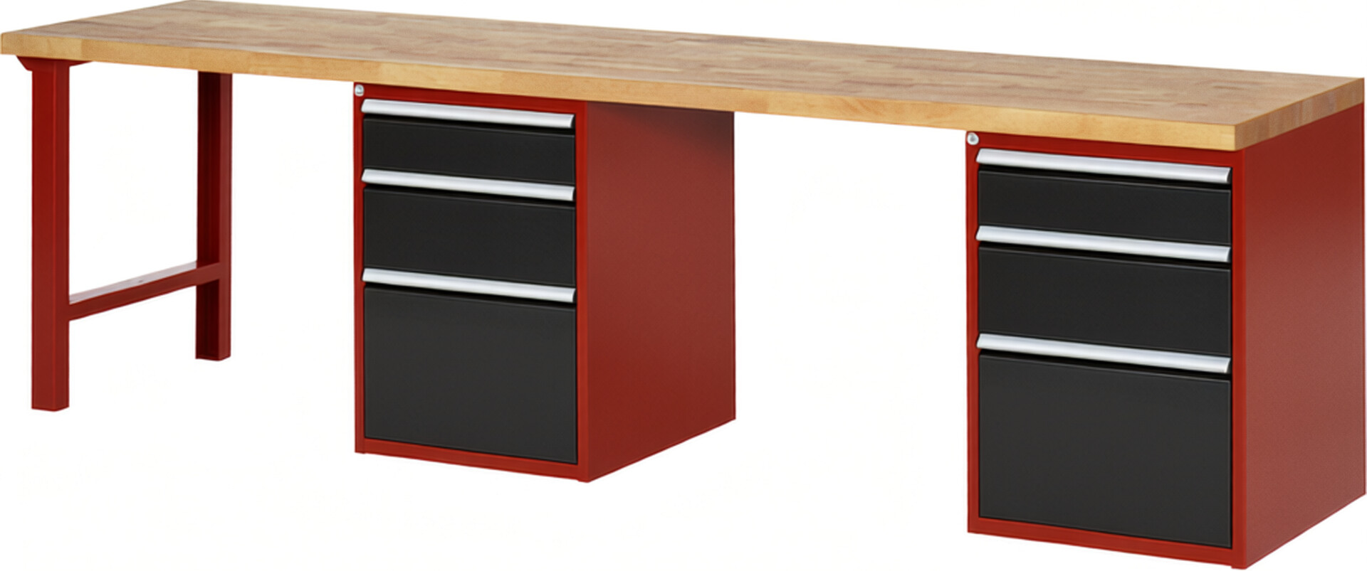 Werkbank Modell 7508 rot - schwarz, BxTxH 3000x700x890 mm,  Buche-Massiv Arbeitsplatte 40 mm,  6 Schubladen mit  Auszug 90 %