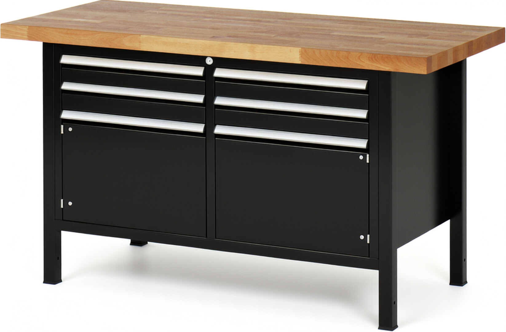 Werkbank Modell 8469 schwarz, BxTxH 1500x700x840-1040 mm,  Buche-Massiv Arbeitsplatte 40 mm,  4 Schubladen mit  Auszug 90 %