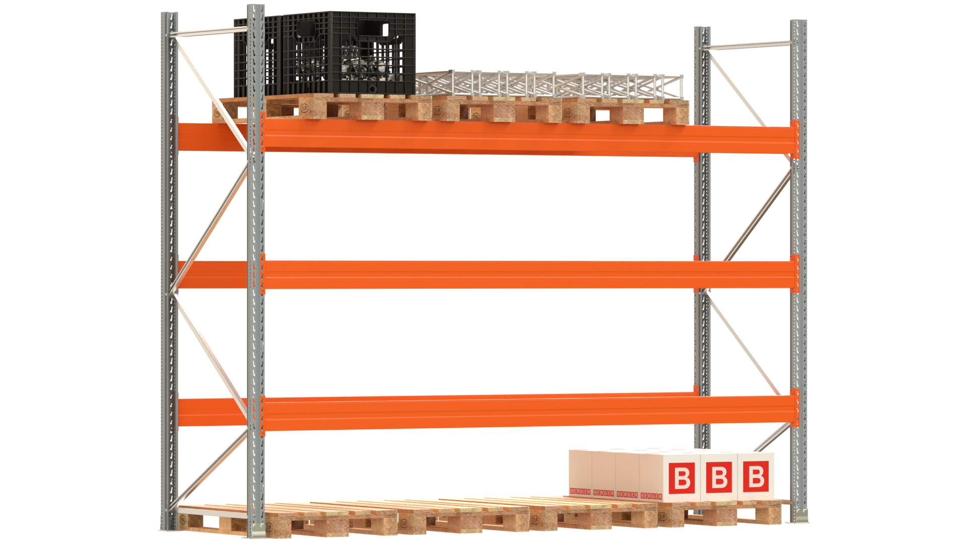 Palettenregal ARTUS - Breite 377 cm - Höhe 300 cm - Tiefe 110 cm - 3 Träger-Ebenen - Fachlast 3000 kg - 16 Palettenstellplätze