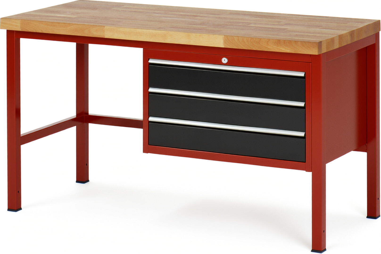Werkbank Modell 8227 rot - schwarz, BxTxH 1500x700x840 mm,  Buche-Massiv Arbeitsplatte 40 mm,  3 Schubladen mit  Auszug 90 %