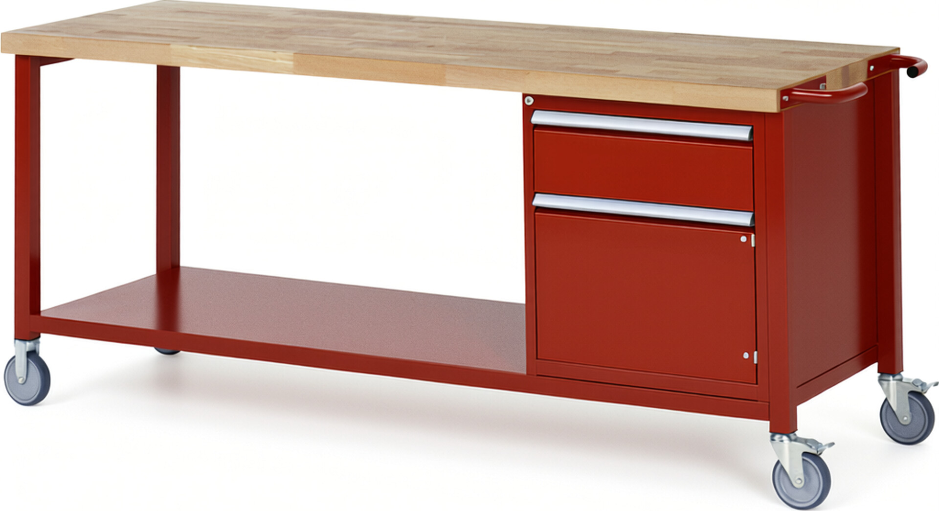 Fahrbare Werkbank Modell 8152 rot, BxTxH 2000x700x880-1080 mm,  Buche-Massiv Arbeitsplatte 40 mm,  1 Schublade mit  Vollauszug 100 % und  SoftClosing