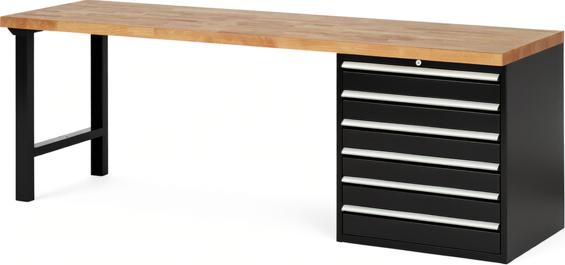 RAU Werkbank schwarz - Breite 250 cm - Tiefe 70 cm - Höhe 89 cm - Buche-Massiv Arbeitsplatte 40 mm