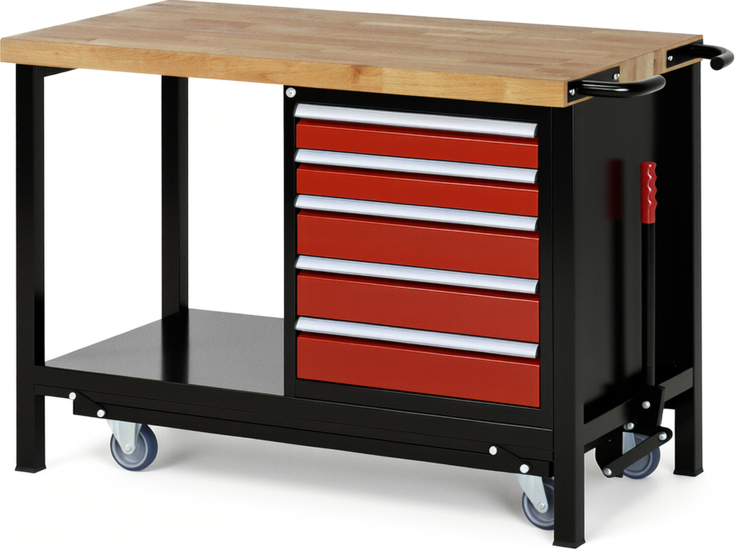 RAU Werkbank schwarz - rot - Breite 125 cm - Tiefe 70 cm - Höhe 88 cm - Buche-Massiv Arbeitsplatte 40 mm