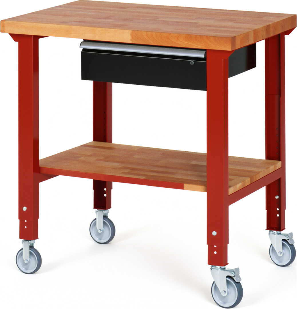Fahrbare Werkbank Modell 7001 rot - schwarz, BxTxH 1000x700x950-1000 mm,  Buche-Massiv Arbeitsplatte 40 mm,  1 Schublade mit  Auszug 90 %