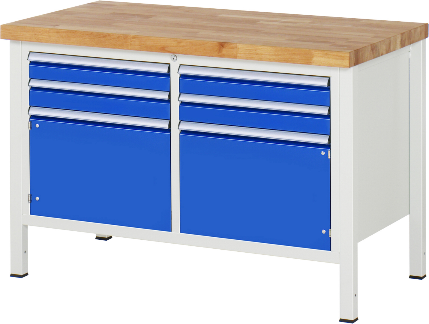 Werkbank Modell 8469 schwarz, BxTxH 1250x700x840 mm,  Buche-Massiv Arbeitsplatte 40 mm,  4 Schubladen mit  Vollauszug 100 % und  SoftClosing