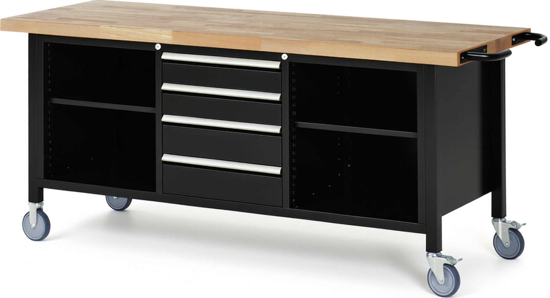 Fahrbare Werkbank Modell 8566 schwarz, BxTxH 2000x700x880 mm,  Buche-Massiv Arbeitsplatte 40 mm,  4 Schubladen mit  Vollauszug 100 % und  SoftClosing
